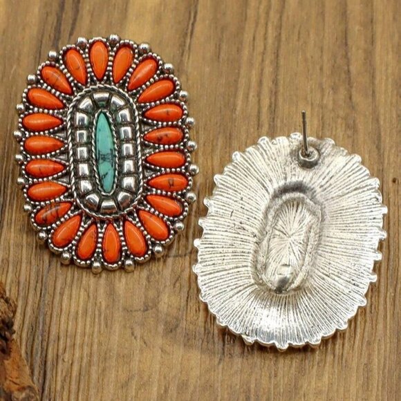 Women's Embellished With faux Turquoise and orange stones earrings - Picture 3 of 6